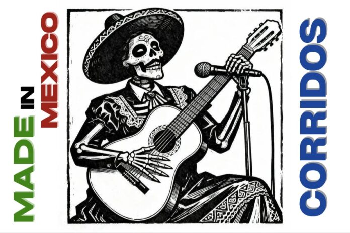 A calavera skeleton playing a guitar