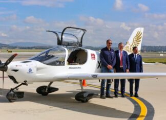 three men in front of the Halcón aircraft
