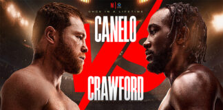 Press poster for the Canelo-Crawford fight, showing the boxers standing face to face with the Netflix logo