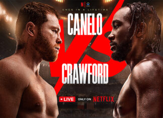 Press poster for the Canelo-Crawford fight, showing the boxers standing face to face with the Netflix logo