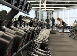 A weight rack in a gym