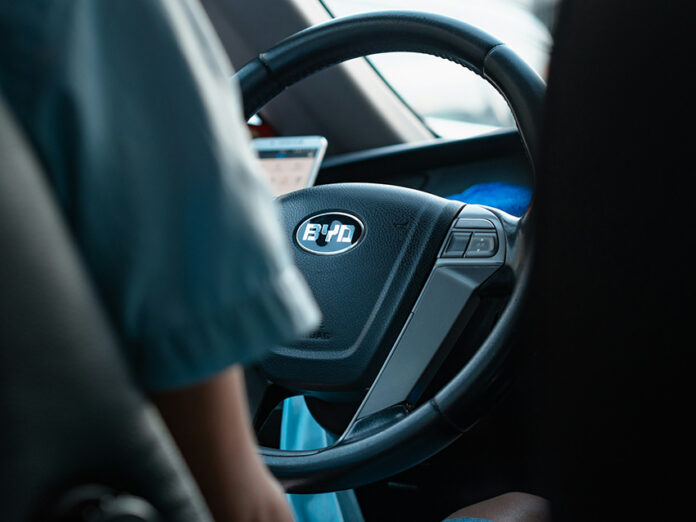 Steering wheel of a BYD brand chinese electric car