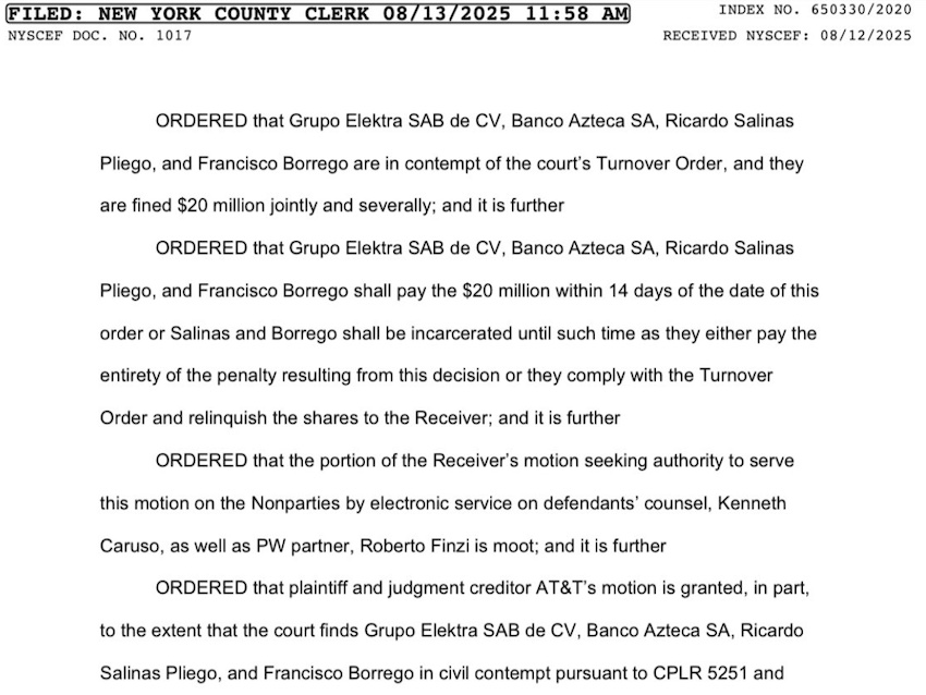 A section of the court order demanding that Ricardo Salinas pay his debt or face incarceration.