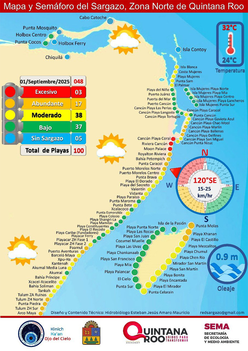 A map of which beaches have sargassum in Quintana Roo