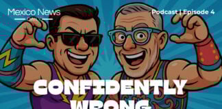 A video thumbnail showing two men in lucha libre outfits with the words "Confidently Wrong about Claudia Sheinbaum"