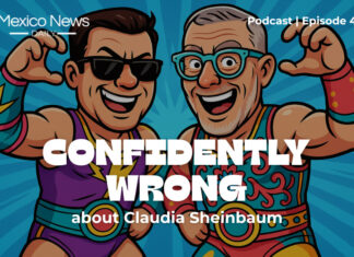 A video thumbnail showing two men in lucha libre outfits with the words "Confidently Wrong about Claudia Sheinbaum"