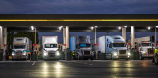 semi trucks at night