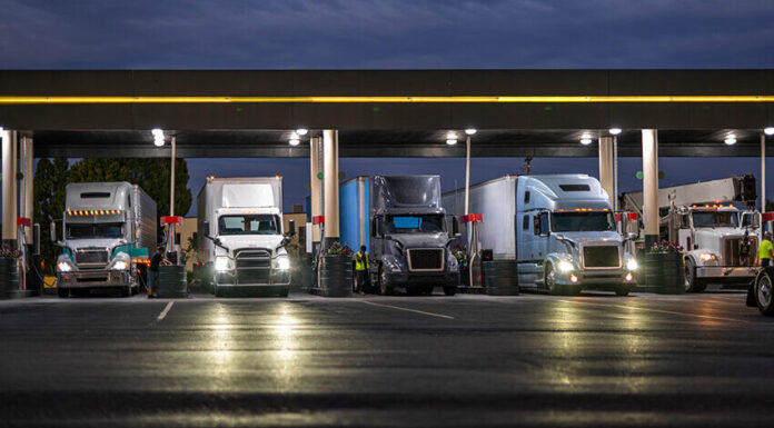 semi trucks at night
