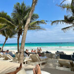 Lounge chairs and the occasional tourist fill a beach shaded by palm trees in Tulum