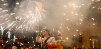 Participants of Oaxaca's Day of the Dead parade with fireworks in the background