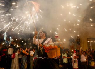 Participants of Oaxaca's Day of the Dead parade with fireworks in the background