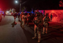 Roughly 20 Mexican soldiers stand on a street at night, bathed in the red and blue light of police cars
