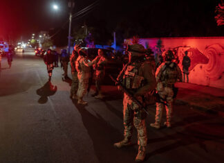Roughly 20 Mexican soldiers stand on a street at night, bathed in the red and blue light of police cars