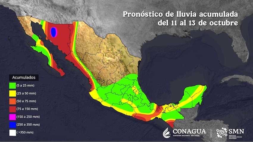 A graphic showing the expected rainfall in parts of Mexico for Oct. 11-13