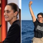 Two photos, one of a Mexican activist Arlin Medrano and one of president Claudia Sheinbaum