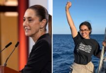 Two photos, one of a Mexican activist Arlin Medrano and one of president Claudia Sheinbaum