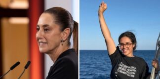 Two photos, one of a Mexican activist Arlin Medrano and one of president Claudia Sheinbaum