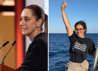 Two photos, one of a Mexican activist Arlin Medrano and one of president Claudia Sheinbaum