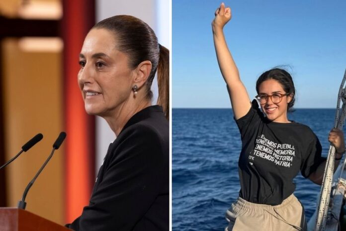 Two photos, one of a Mexican activist Arlin Medrano and one of president Claudia Sheinbaum