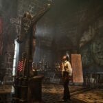 A movie still from Guillermo del Toro's film "Frankenstein" shows actor Oscar Isaac as Victor Frankenstein in his palatial gothic laboratory, staring upward at the ceiling, surrounded by equipment made of wood and brass.