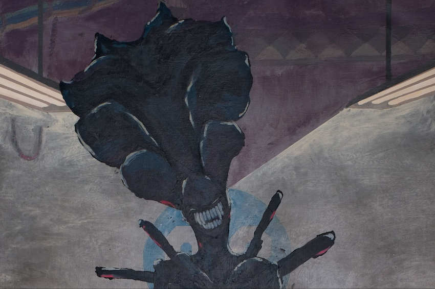 An acrylic coating  of a menacing achromatic  alien creature, resembling a Xenomorph, with a ample  caput  crest and a wide, toothy grin, acceptable   against a dark, concern   background.