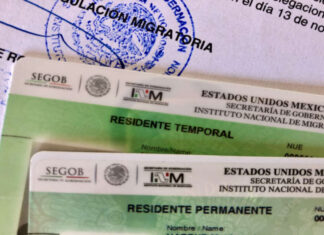 A close-up of two Mexican residency cards: a 'Residente Temporal' (Temporary Resident) card and a 'Residente Permanente' (Permanent Resident) card, on top of official INM immigration paperwork.