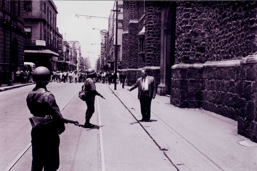 A teacher talks to soldiers during a protest in 1968