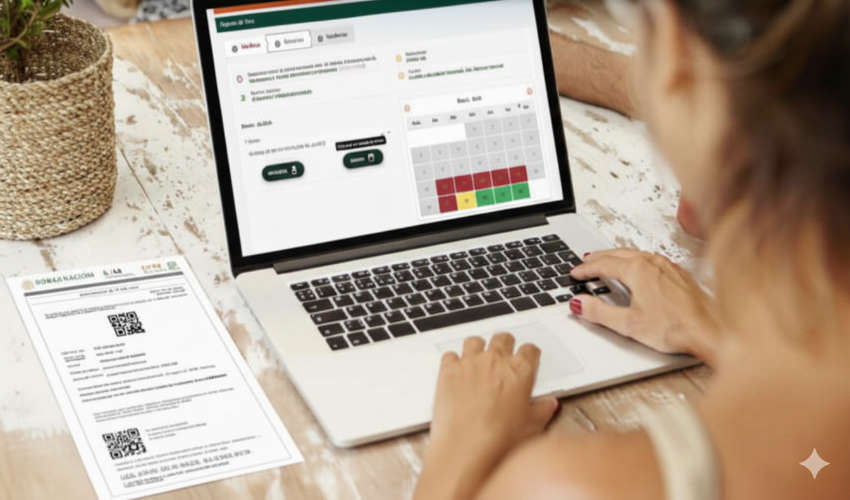 A person's hands are visible on a laptop keyboard, showing an online appointment scheduling system for "Registro de Citas" (Appointment Registration) on the screen, which includes a calendar displaying available (green), partially available (yellow), and unavailable (red) dates.
