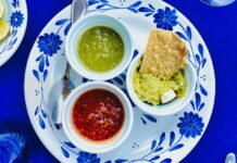 A plate with three different types of Mexican salsa