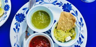 A plate with three different types of Mexican salsa
