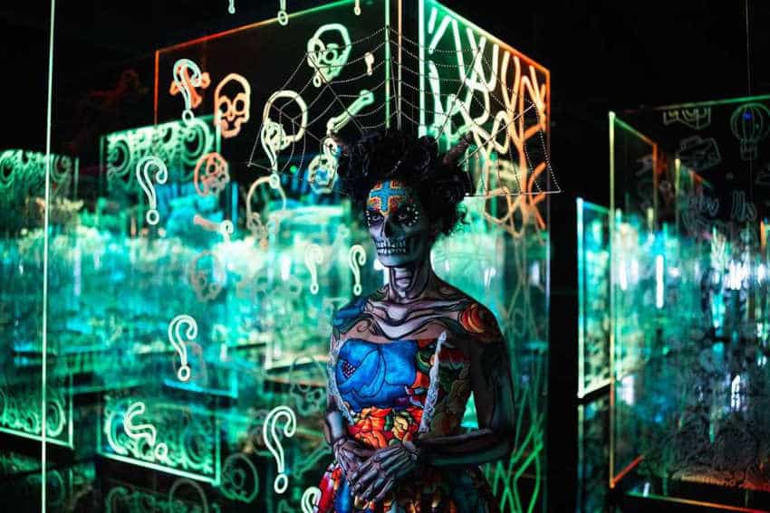 A idiosyncratic   with elaborate calavera constitution  and colorful assemblage  overgarment   stands wrong   a modern, immersive creation  installation of glowing greenish  acrylic panels.
