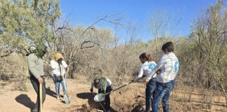 A group of women and a man from Buscadoras Por La Paz in Hermosillo dig a whole in the desert