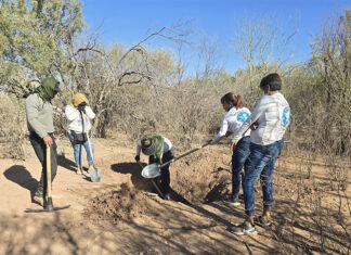 A group of women and a man from Buscadoras Por La Paz in Hermosillo dig a whole in the desert