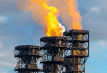 The bright flame of natural gas flaring