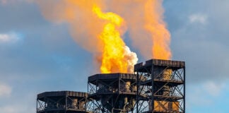 The bright flame of natural gas flaring