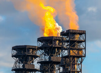 The bright flame of natural gas flaring