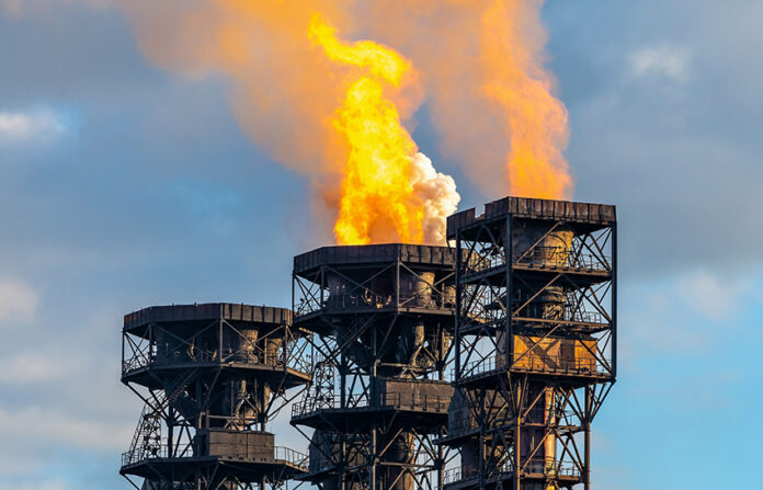 The bright flame of natural gas flaring