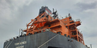 An oil tanker bearing the name Torm Agnes from Singapore