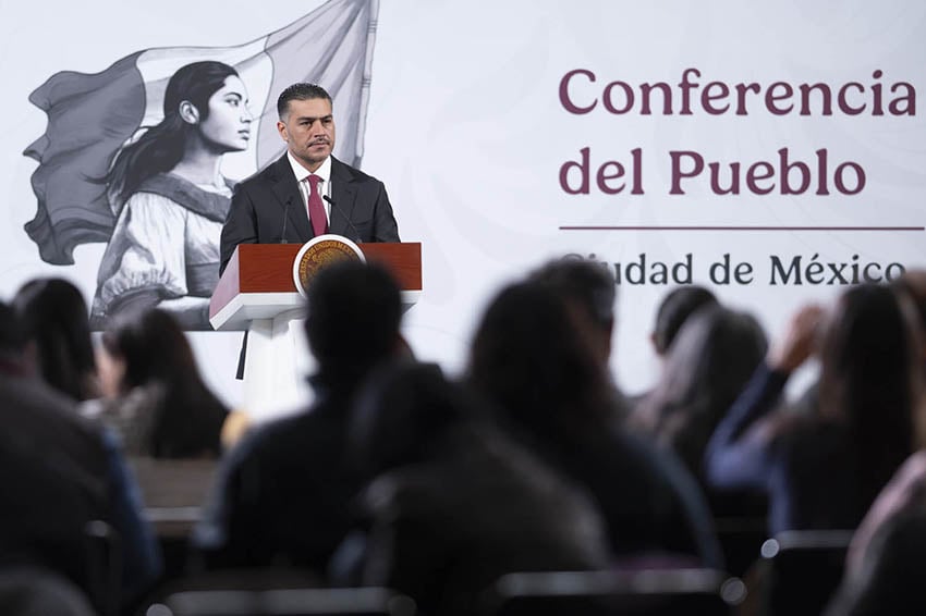 Federal Security Minister Omar García Harfuch at a press conference