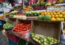 fruits and vegetables on display at a market