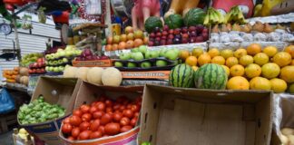 fruits and vegetables on display at a market