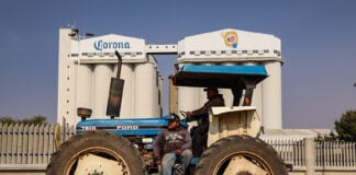 A farmer sits on a blue tractor in front of a Corona beer factory