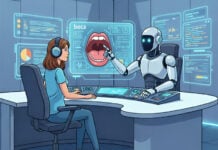 A woman wearing headphones sits at a desk across from a white, anthropomorphic AI robot. The robot points toward a large holographic screen displaying an open mouth labeled "boca."