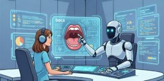 A woman wearing headphones sits at a desk across from a white, anthropomorphic AI robot. The robot points toward a large holographic screen displaying an open mouth labeled "boca."