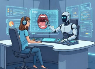 A woman wearing headphones sits at a desk across from a white, anthropomorphic AI robot. The robot points toward a large holographic screen displaying an open mouth labeled "boca."