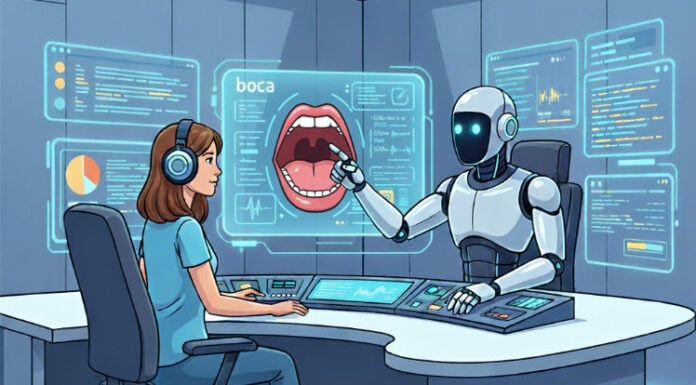 A woman wearing headphones sits at a desk across from a white, anthropomorphic AI robot. The robot points toward a large holographic screen displaying an open mouth labeled "boca."
