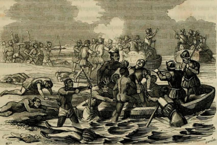 Maya attacking Spanish in boats.