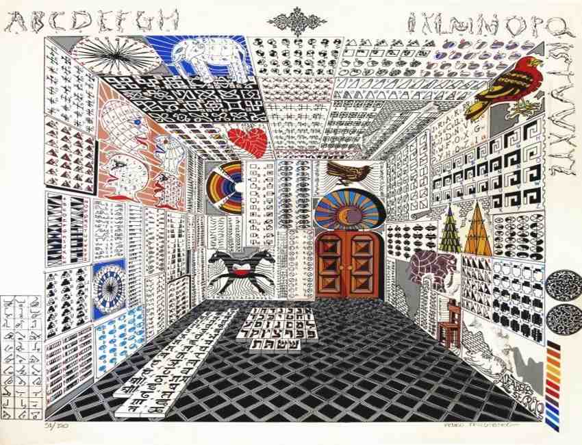 A surrealist artwork by Mexican artist Friedeberg features a room with forced perspective, a black and white checkerboard floor, and walls densely covered in grids of symbols, geometric patterns, and illustrations including an elephant, a red bird, and stylized faces. The alphabet runs along the top headers and down the right side, while a central cluster of floor tiles displays Hebrew-style lettering leading to a double door with a sun-and-moon motif.