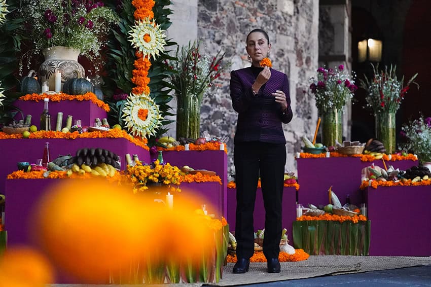 President Sheinbaum holds a marigold at the National Palace Day of the Dead altar
