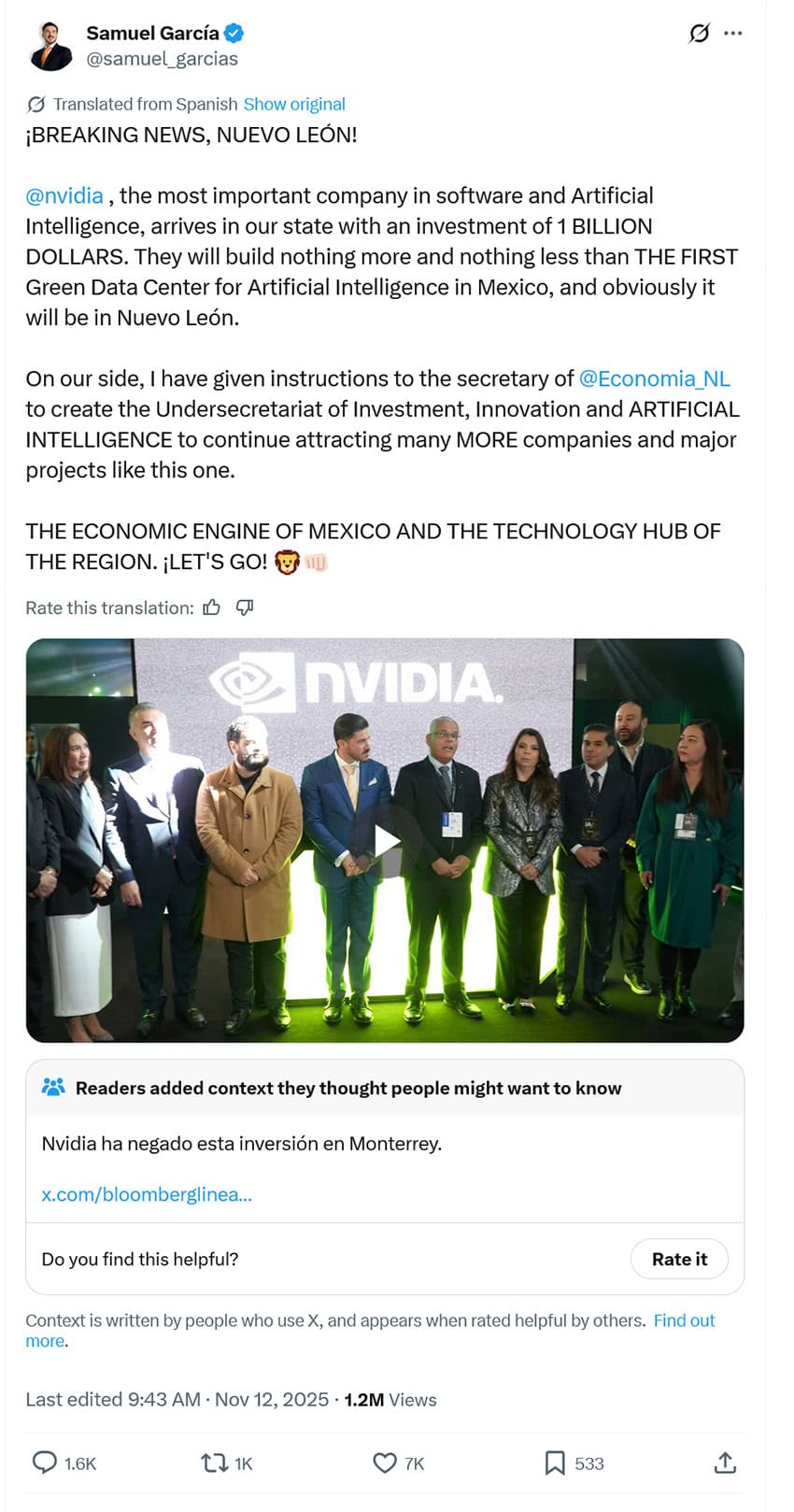A X post by Nuevo León Governor Samuel García announcing a US $1 billion investment by Nvidia in his state